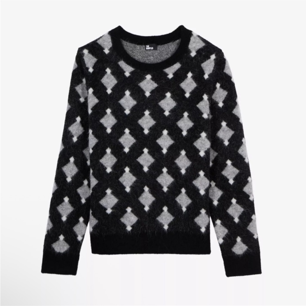 The Kooples Diamond Geo Straight Fit Alpaca Wool Blend Sweater Black Grey NEW L